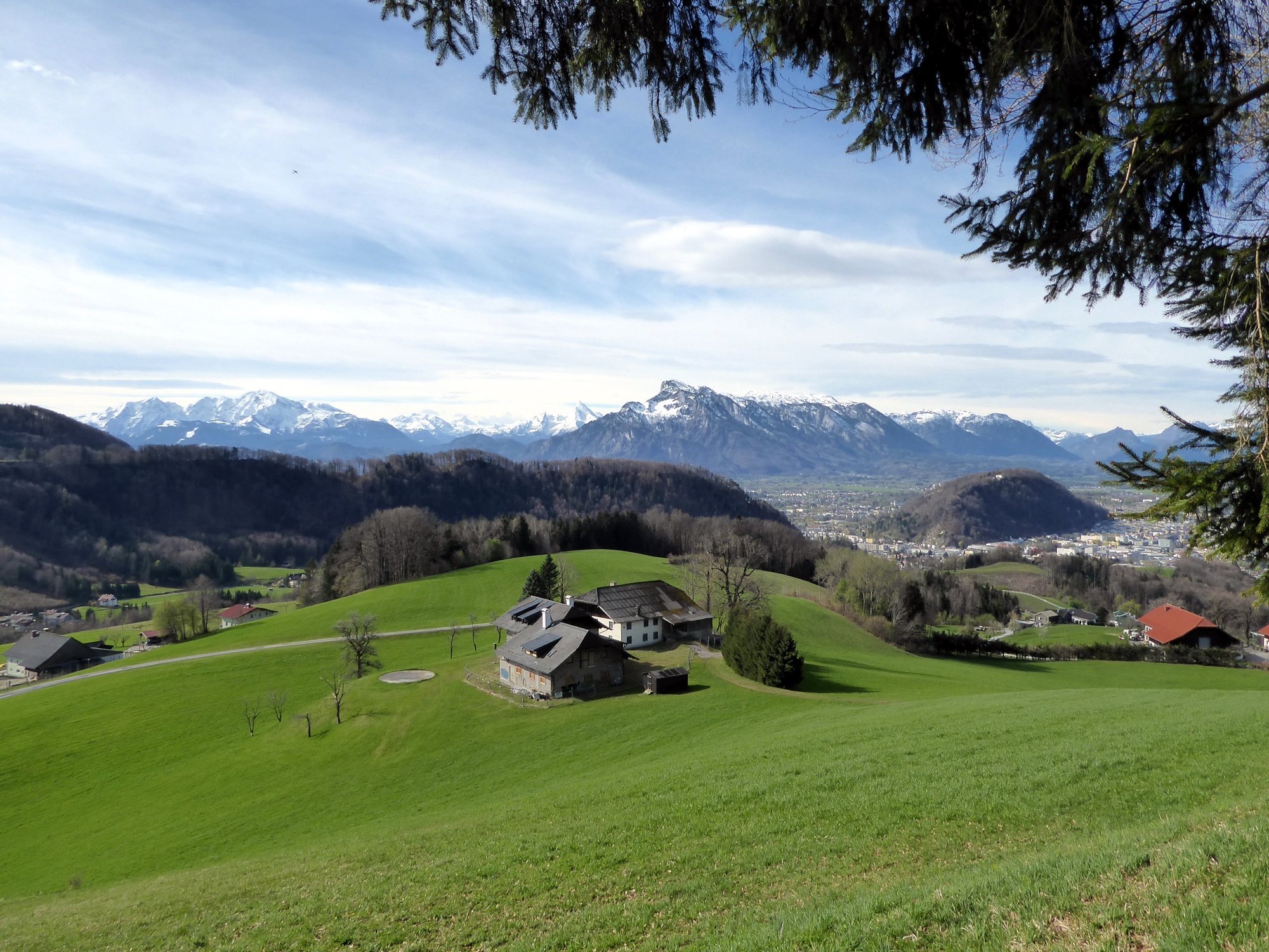 Das Salzburger Becken mit den bekanntesten Größen der Berchtesgadener Alpen im Hintergrund