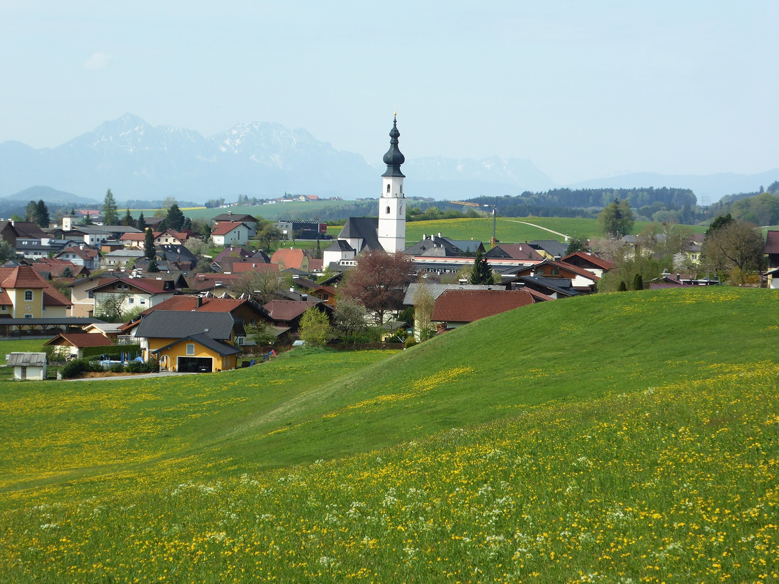 Das Gemeindegebiet von Köstendorf mit dem Hohen Staufen im Hintergrund.
