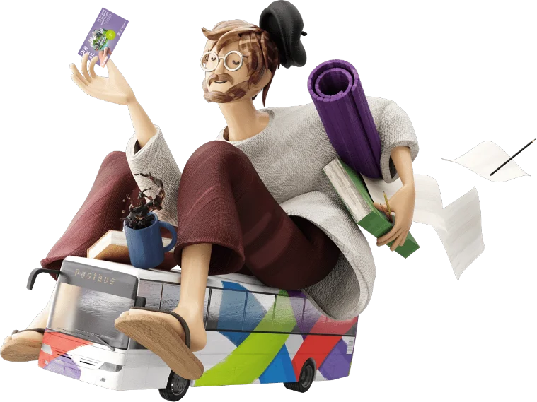 Illustration einer Person mit Brille, die auf einem SVV Bus sitzt und ein SVV Ticket, sowie eine Yoga Matter und Bücher in den Händen hält.