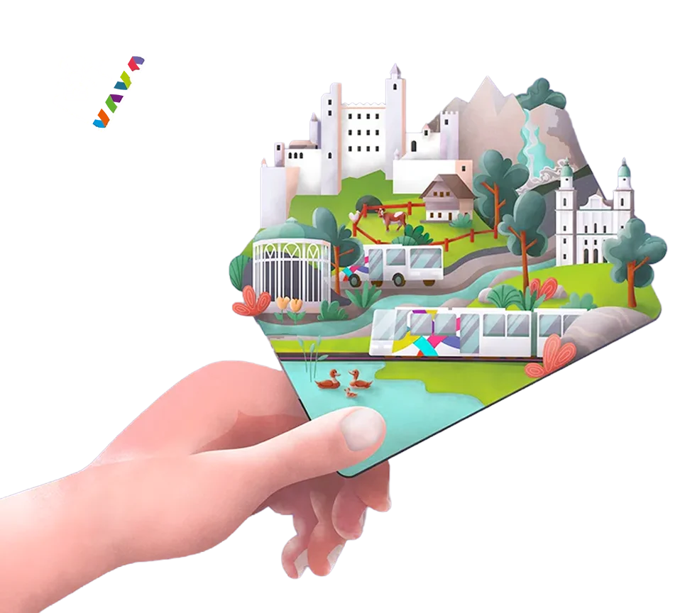 Illustration der Region Salzburg mit Stadt, Natur und Verkehr