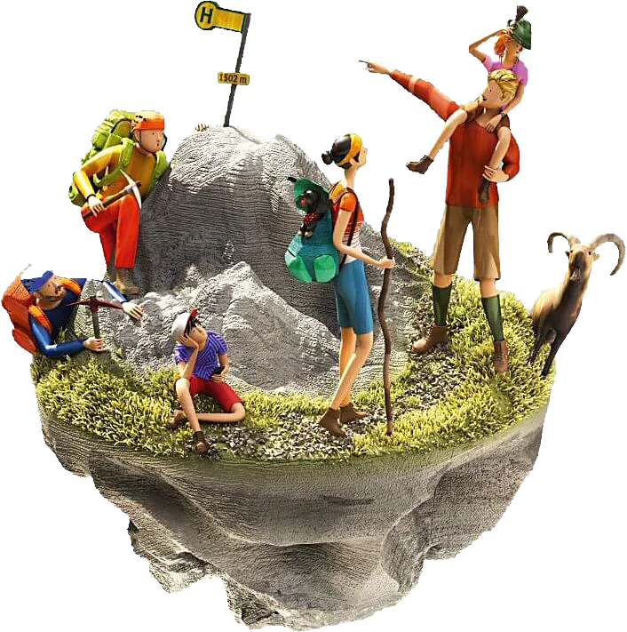 Illustration von Wandern in den Bergen mit öffentlichen Verkehrsmitteln erreichbar