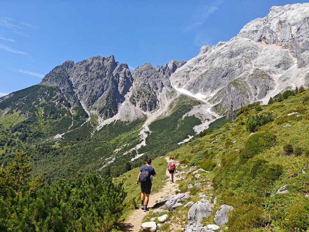 The path continues into a belt of dwarf pines below the Birgkar.