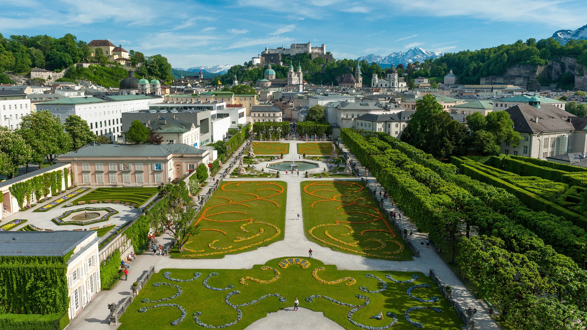 View across Mirabell Gardens towards Hohensalzburg Fortress